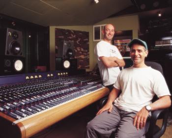 House engineer Tony Salter (foreground) and studio manager Mark Aubrey in Studio A of EMI Publishing, London.